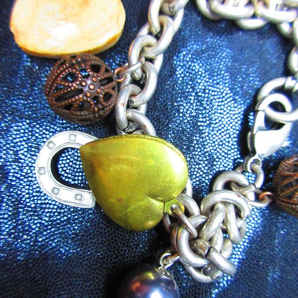 Charm Bracelet With Hearts Pearls Horseshoe Heart Locket Lobster Claw Clasp - Picture 5 of 8
